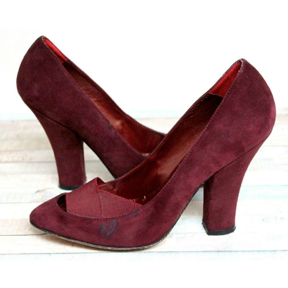 VTG CHARLES DAVID DARK RED GENUINE SUEDE LEATHER ELASTIC HIGH HEEL SHOES 6.5 B